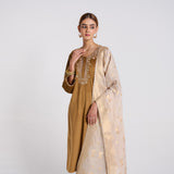Brown Ochre Embroidered Noor Velvet Set with Brocade Dupatta