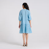 Sky Blue Pure Cotton Tier Dress with Neckline Detail