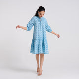 Sky Blue Pure Cotton Tier Dress with Neckline Detail