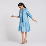 Sky Blue Pure Cotton Tier Dress with Neckline Detail