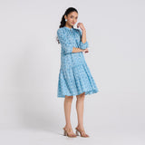 Sky Blue Pure Cotton Tier Dress with Neckline Detail