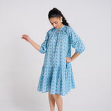 Sky Blue Pure Cotton Tier Dress with Neckline Detail