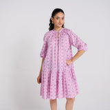 Lavender Pure Cotton Tier Dress with Neckline Detail