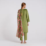 Olive Embroidered Phulwari Velvet Set with Dupatta