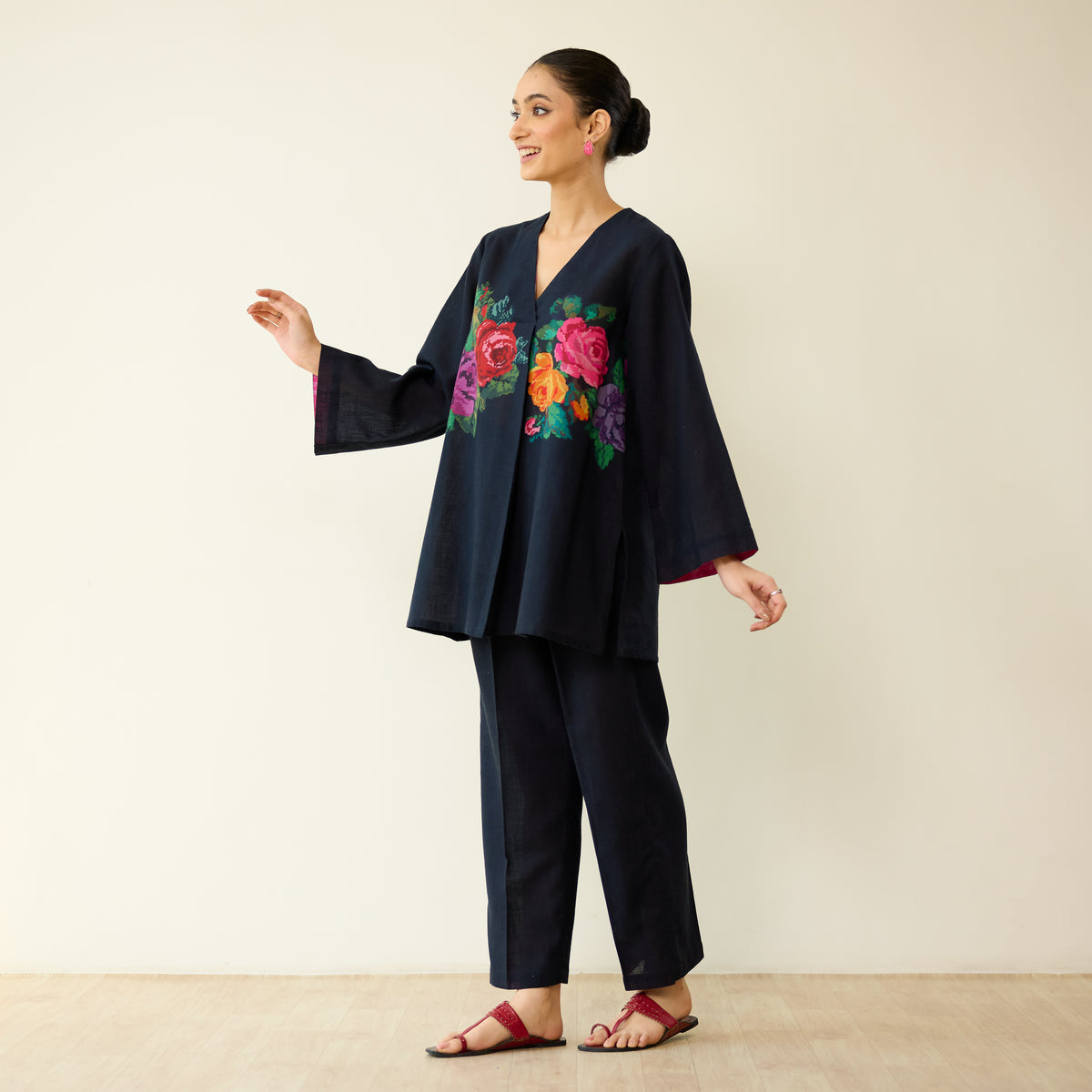 Stitch Rose Pure Slub Cotton Co-ord Set - Black