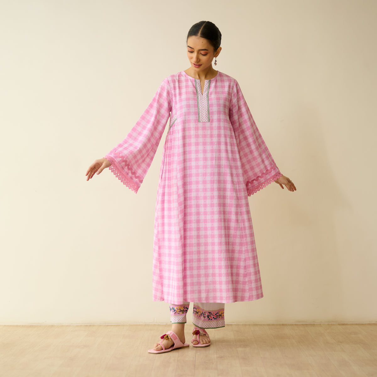 Countryside Seersucker Cotton Kurta Set - Baby Pink