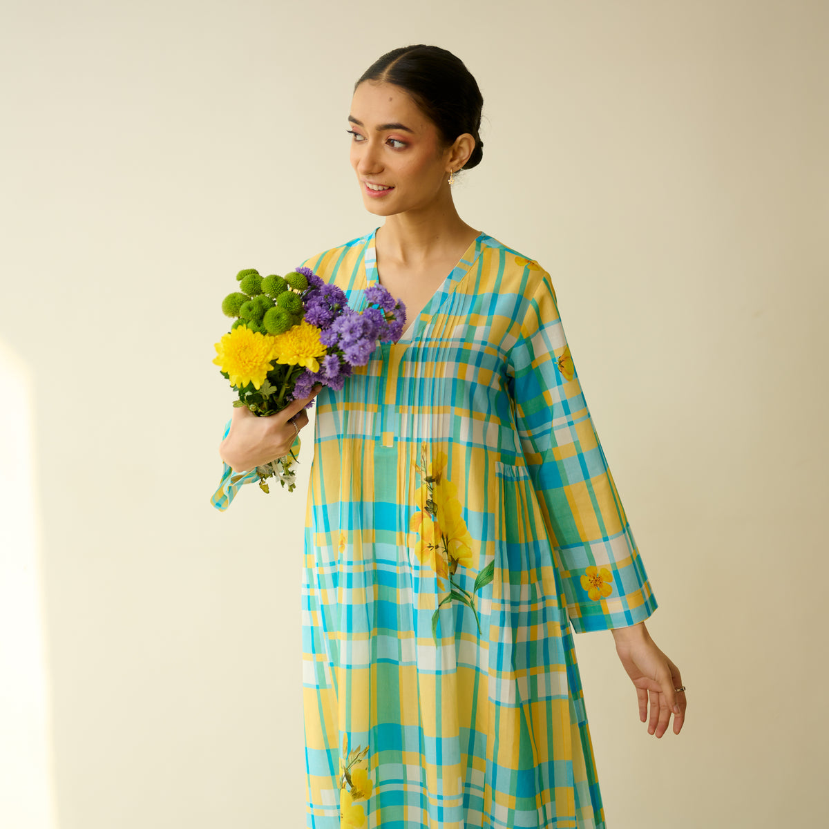 Daffodil Mulmul Cotton Kurta - Blue and Yellow