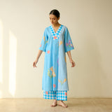 Handpicked Floral Seersucker Cotton Kurta Set - Sky Blue