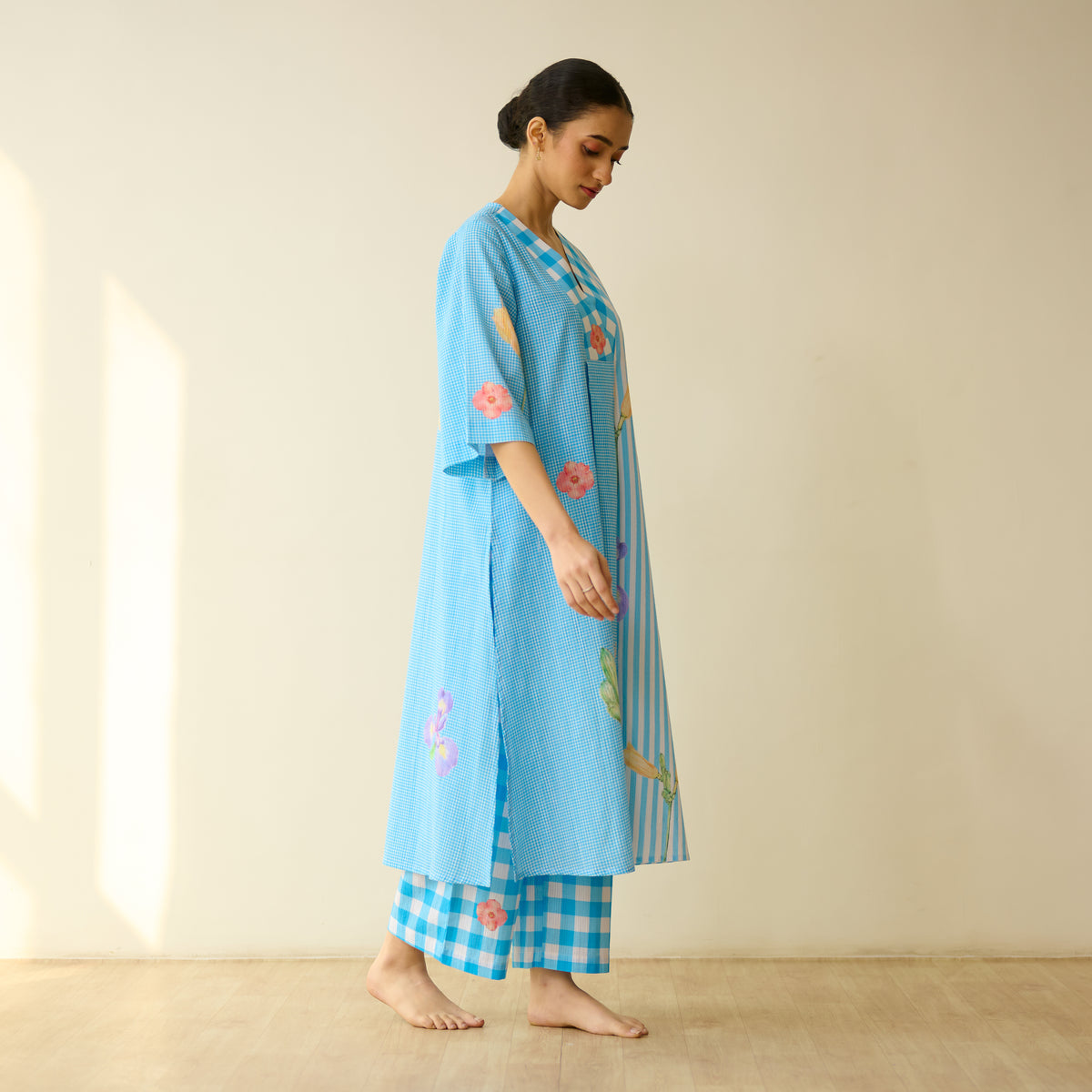 Handpicked Floral Seersucker Cotton Kurta Set - Sky Blue