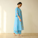 Handpicked Floral Seersucker Cotton Kurta Set - Sky Blue