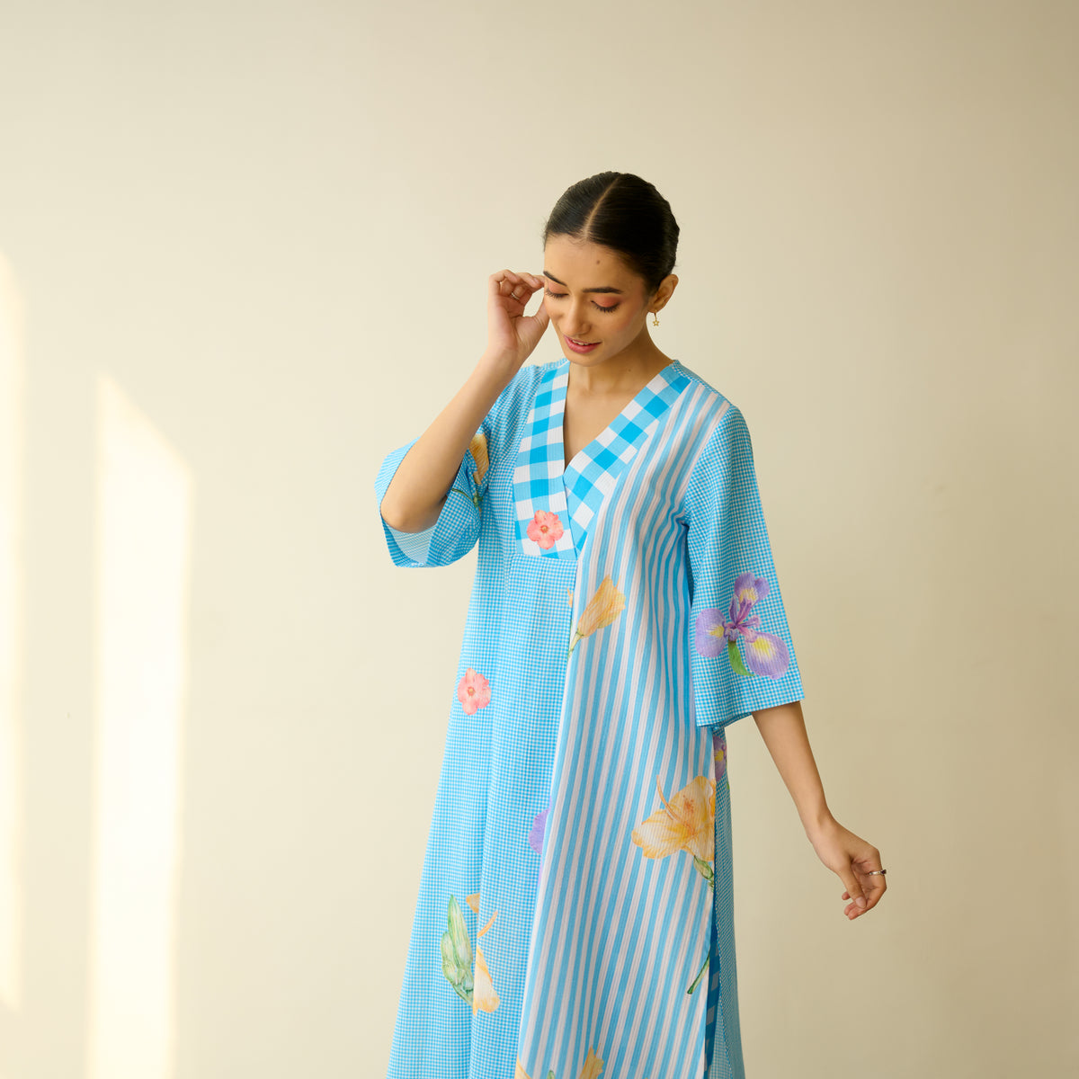 Handpicked Floral Seersucker Cotton Kurta Set - Sky Blue
