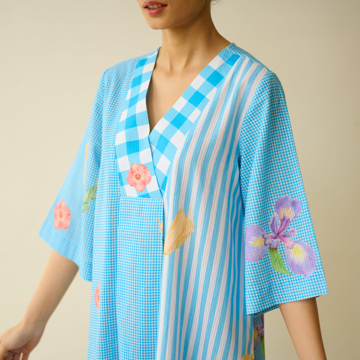Handpicked Floral Seersucker Cotton Kurta Set - Sky Blue
