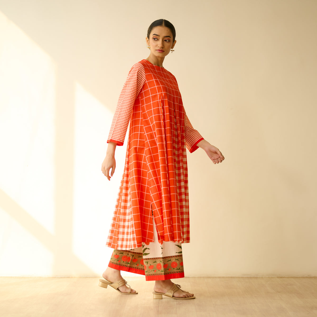 Pattern Play Fine Slub Cotton Kurta Set - Tangerine