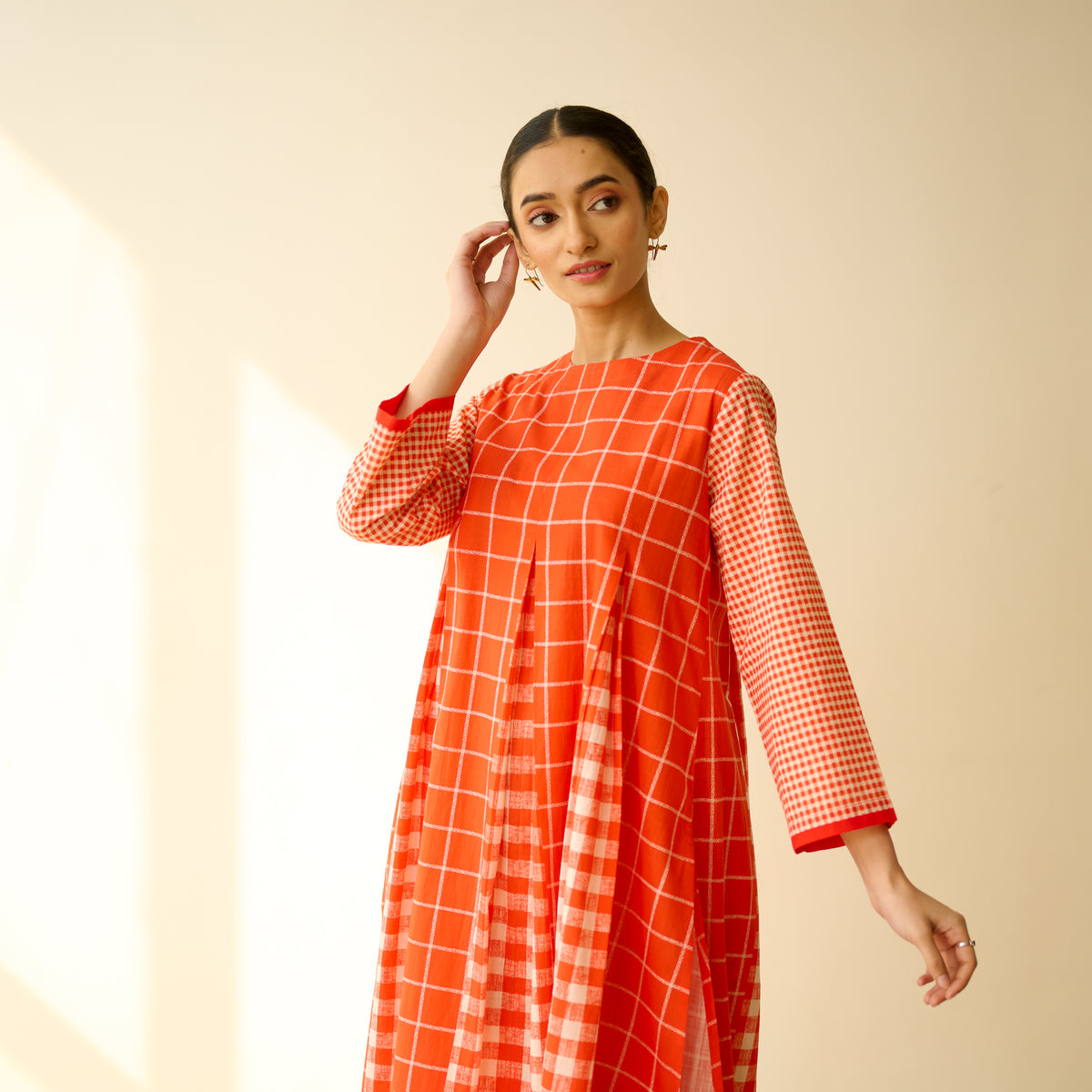 Pattern Play Fine Slub Cotton Kurta Set - Tangerine