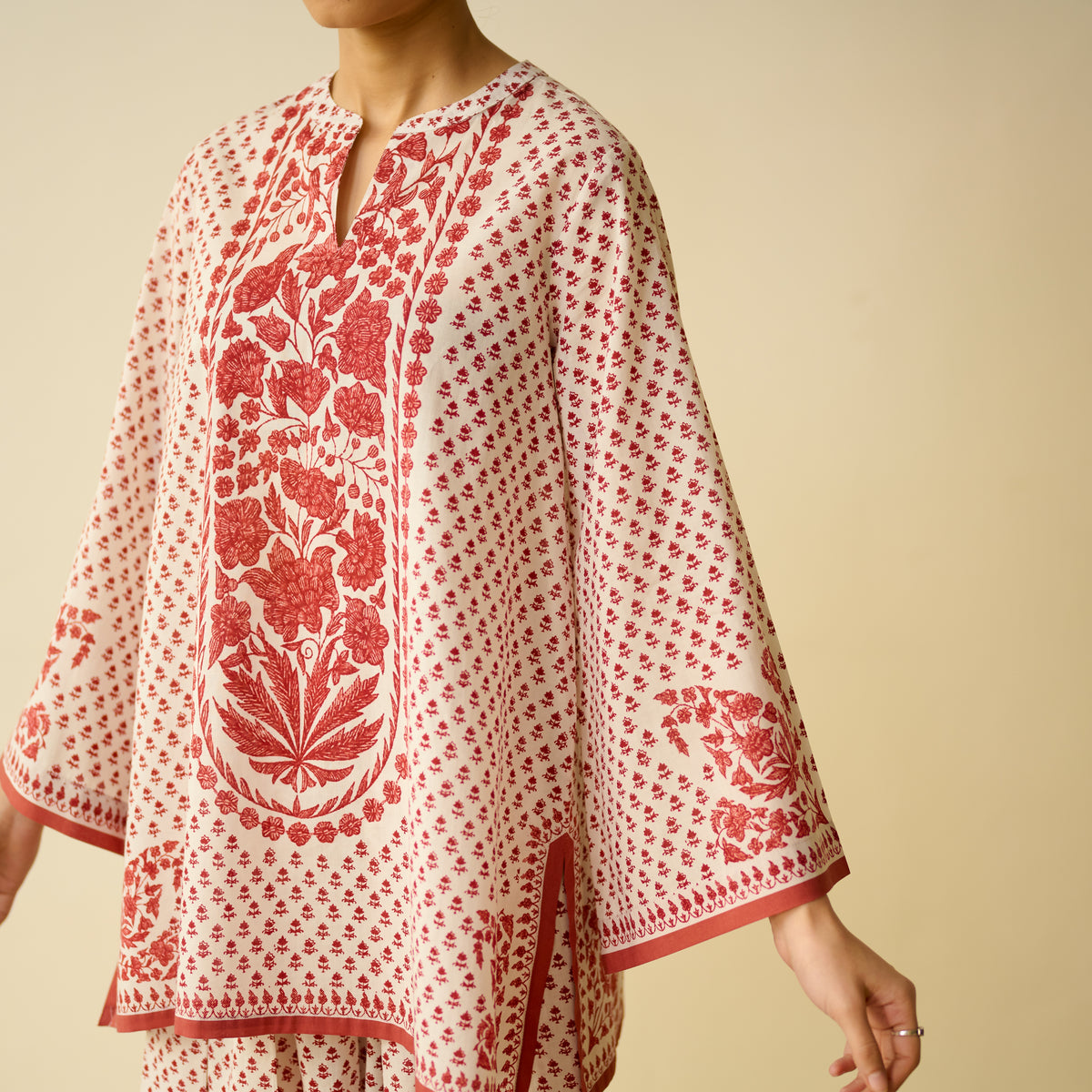 Smriti Bagh Mulmul Cotton Farsi Set - Brick Red