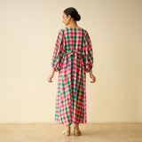 Folk Song Fine Slub Cotton Dress - Pink and Green
