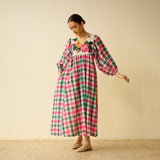 Folk Song Fine Slub Cotton Dress - Pink and Green
