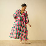 Folk Song Fine Slub Cotton Dress - Pink and Green