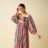 Folk Song Fine Slub Cotton Dress - Pink and Green