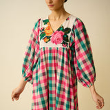 Folk Song Fine Slub Cotton Dress - Pink and Green