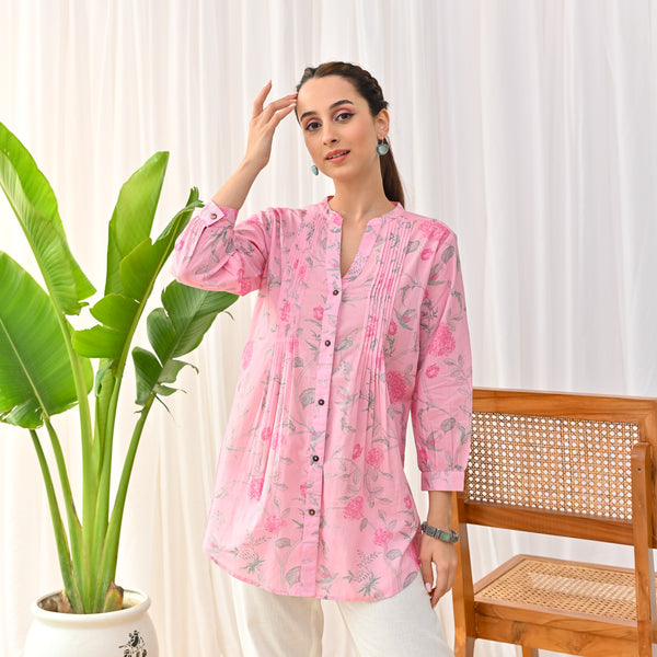 Baby Pink Sanganeri Printed Shirt Tunic with Pintuck Details
