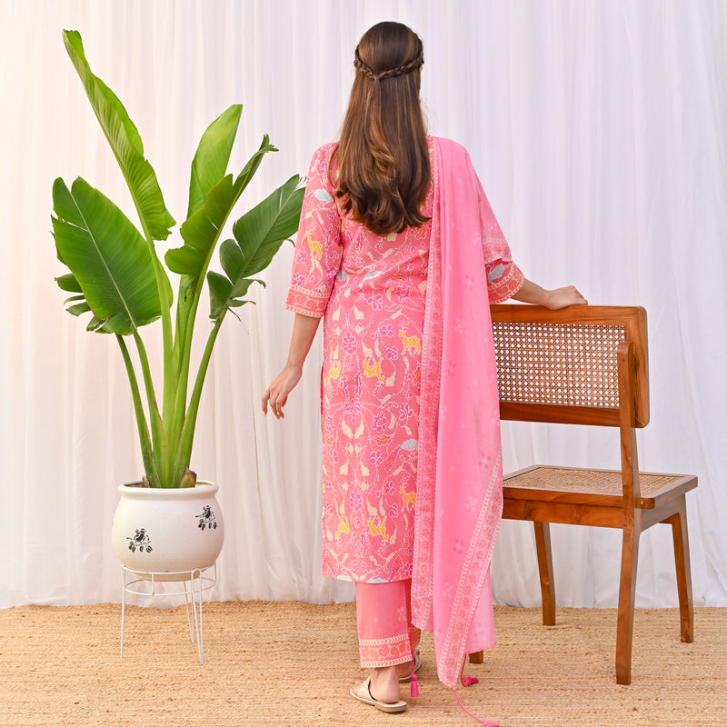 Pink Ikat Inspired Salwar Kurta Set with Dupatta