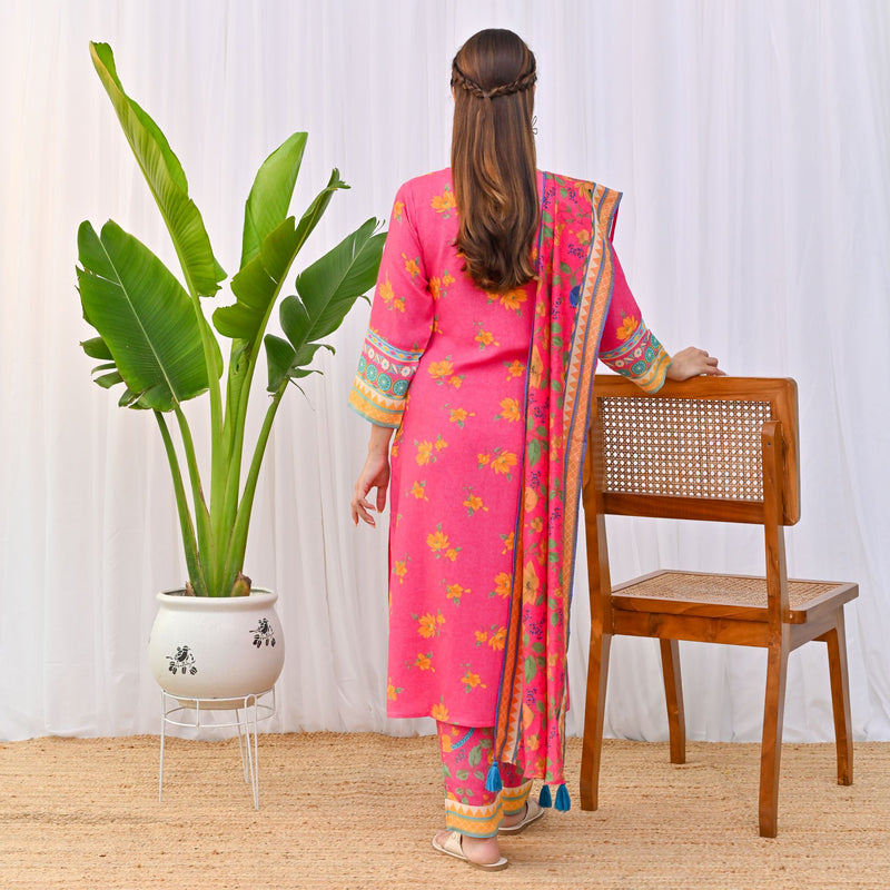 Pink Lotus Printed Salwar Kurta Set with Dupatta & Neck Embroidery Detail