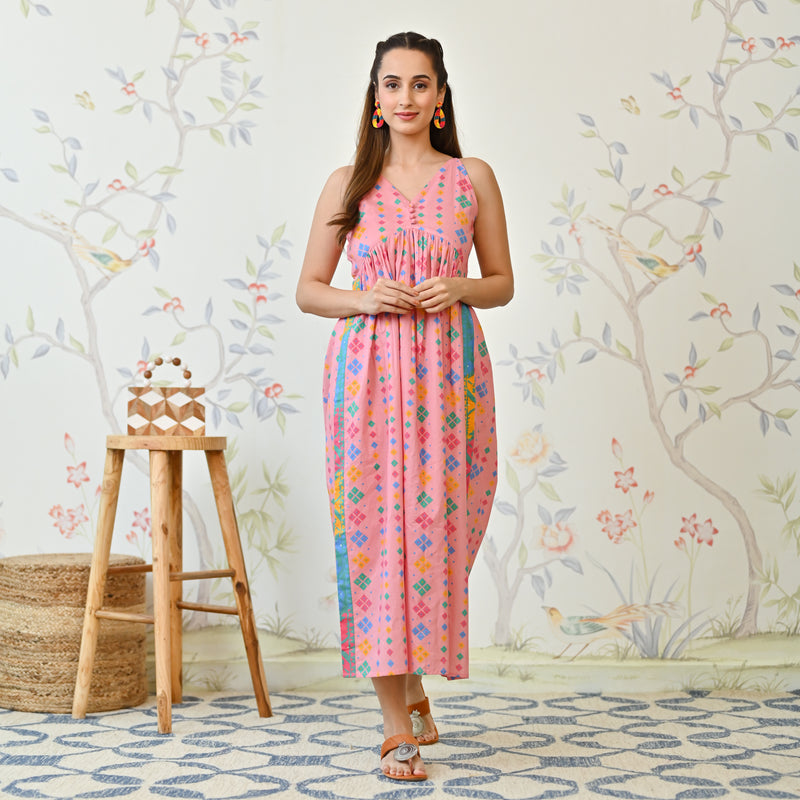 Pale Pink Printed Strappy Shoulder Cotton Maxi Dress