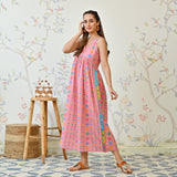 Pale Pink Printed Strappy Shoulder Cotton Maxi Dress