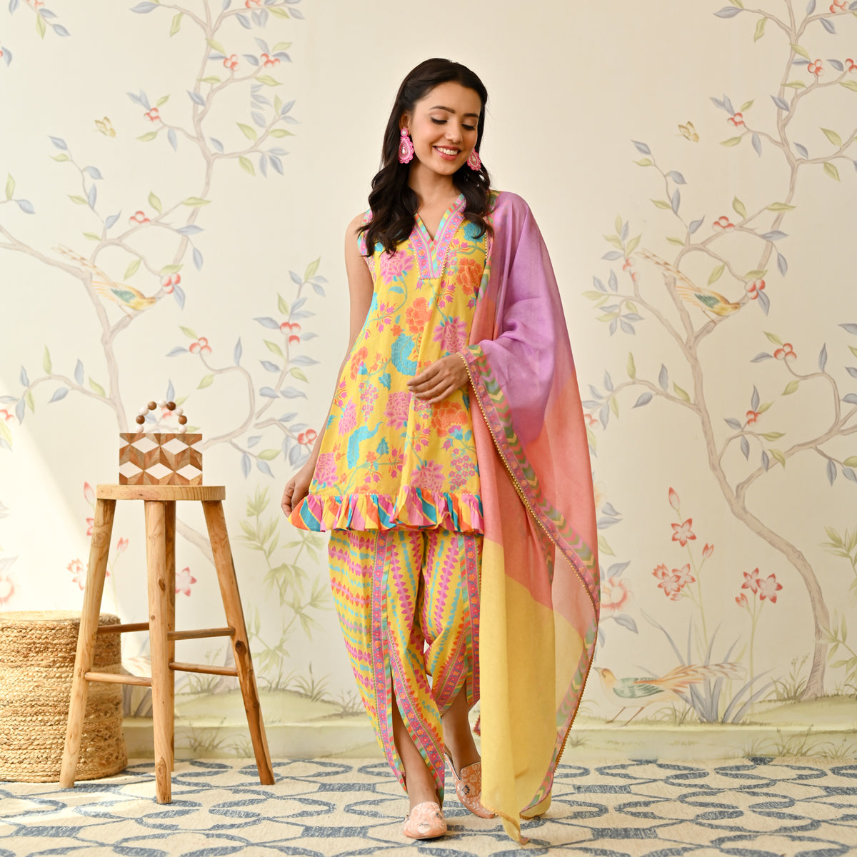 Yellow Dhoti Set with Multicolored Dupatta & Gota Detail