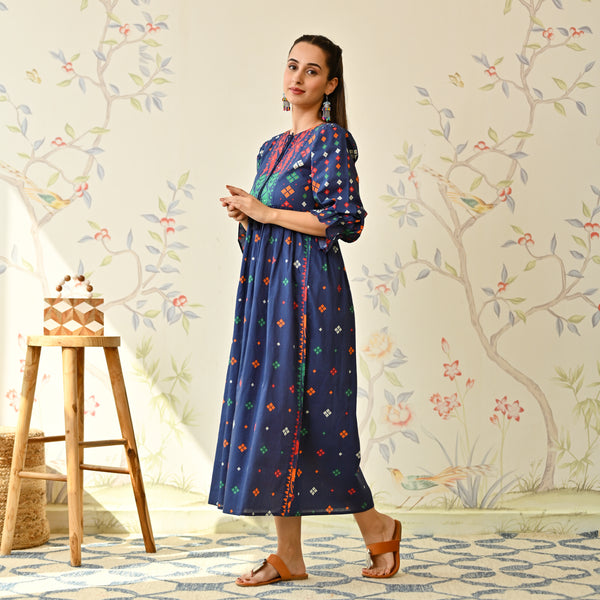 Buy Navy Blue Jamdani Inspired Cotton Dress with Front Tie Up