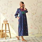 Navy Blue Jamdani Inspired Cotton Dress with Front Tie Up Detail