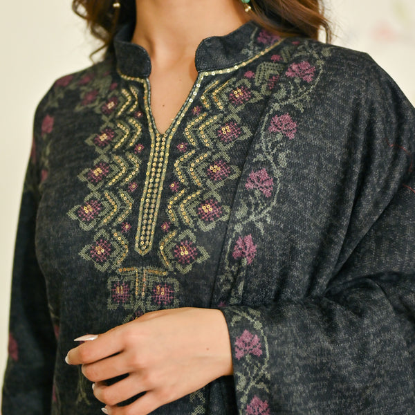 Black Embroidered Woollen Kurta Set with Dupatta
