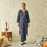 Navy Blue Embroidered & Phulkari Printed Woollen Kurta Pant Set