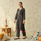 Black Embroidered & Phulkari Printed Woollen Kurta Pant Set