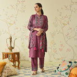 Maroon Embroidered & Floral Printed Woollen Kurta Set with Dupatta