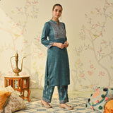 Teal Embroidered & Monotone Woollen Kurta Pant Set