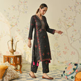 Black Embroidered & Phulkari Printed Woollen Kurta Pant Set