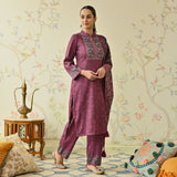 Maroon Embroidered & Floral Printed Woollen Kurta Set with Dupatta