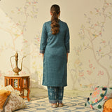 Teal Embroidered & Monotone Woollen Kurta Pant Set