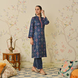 Navy Blue Embroidered & Ikat Printed Woollen Kurta Pant Set