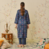 Navy Blue Embroidered & Ikat Printed Woollen Kurta Pant Set