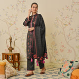 Black Embroidered & Ikat Printed Woollen Kurta Pant Set with Dupatta
