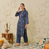 Navy Blue Embroidered & Ikat Printed Woollen Kurta Pant Set