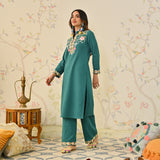Teal Woollen Aari Embroidered Straight Kurta with Mandarin Collar