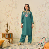 Teal Woollen Aari Embroidered Straight Kurta with Mandarin Collar