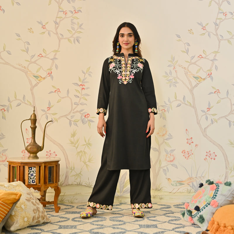 Black Woollen Aari Embroidered Straight Kurta with Mandarin Collar