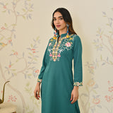 Teal Woollen Aari Embroidered Straight Kurta with Mandarin Collar