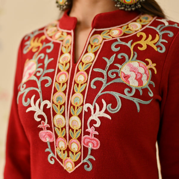 Maroon Woollen Aari Embroidered Straight Kurta with Mandarin Collar
