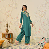 Teal Woollen Aari Embroidered Straight Kurta with Mandarin Collar